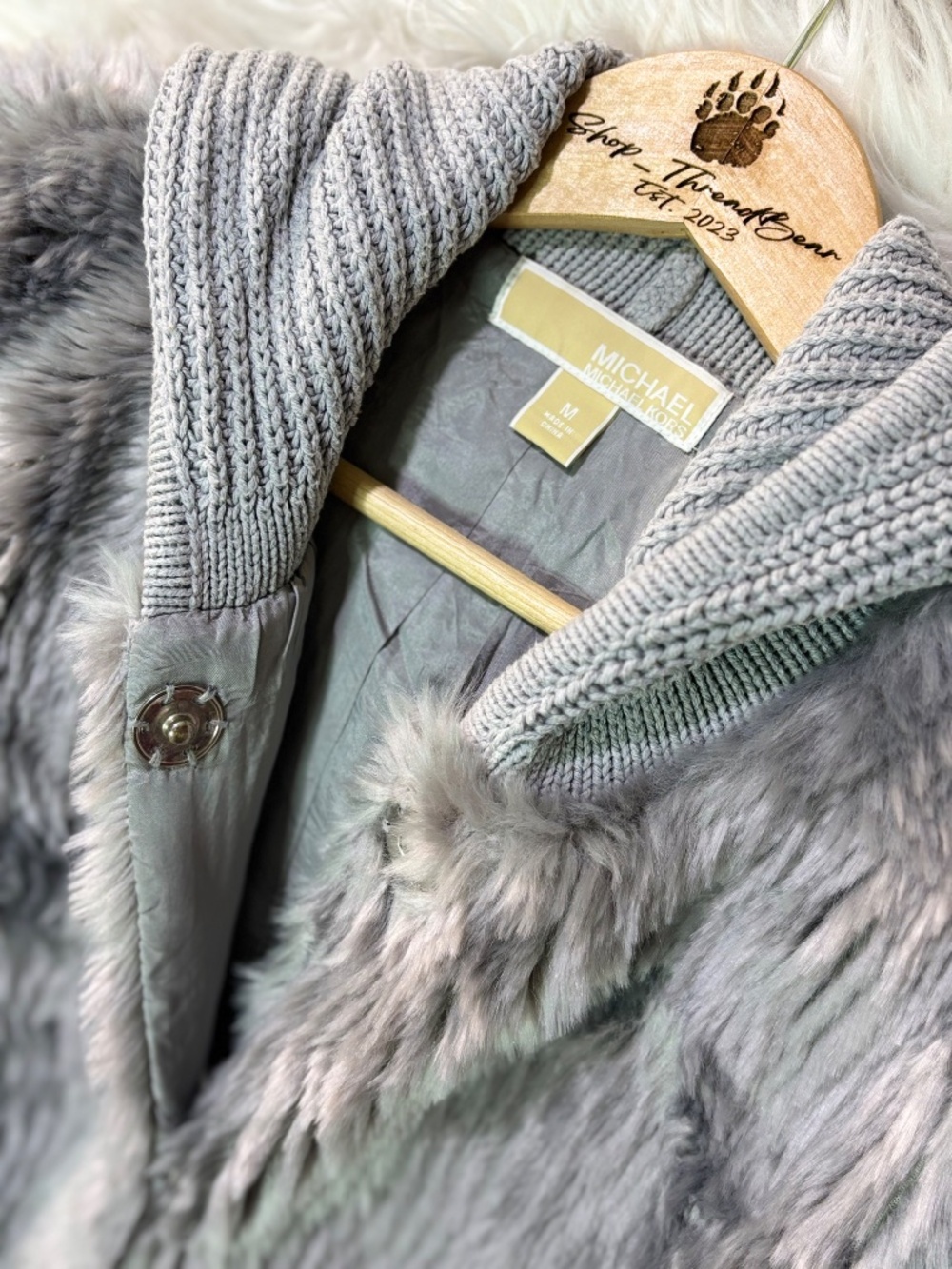 Like New [Michael Kors] Silver Gray Grey Faux Fur Hooded Sweater Jacket | Medium - Picture 12 of 15